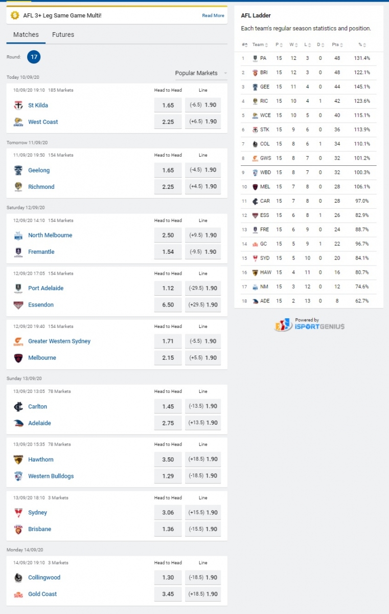 afl round 17 odds