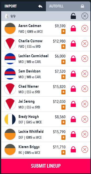 AFL Draftstars Lineup