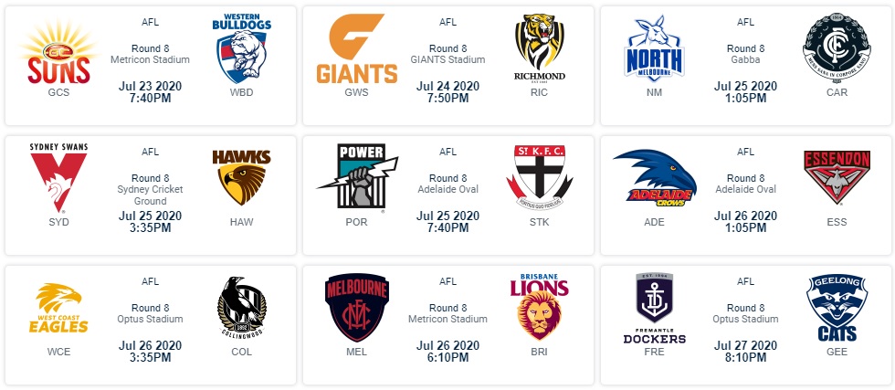 AFL Round 8 schedule