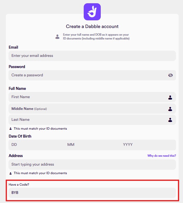 dabble sign up code